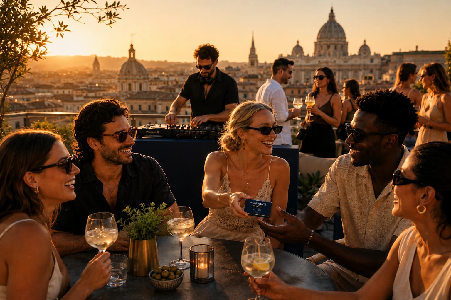 Een fles Morning Mate met uitzicht over Rome tijdens een gouden avond