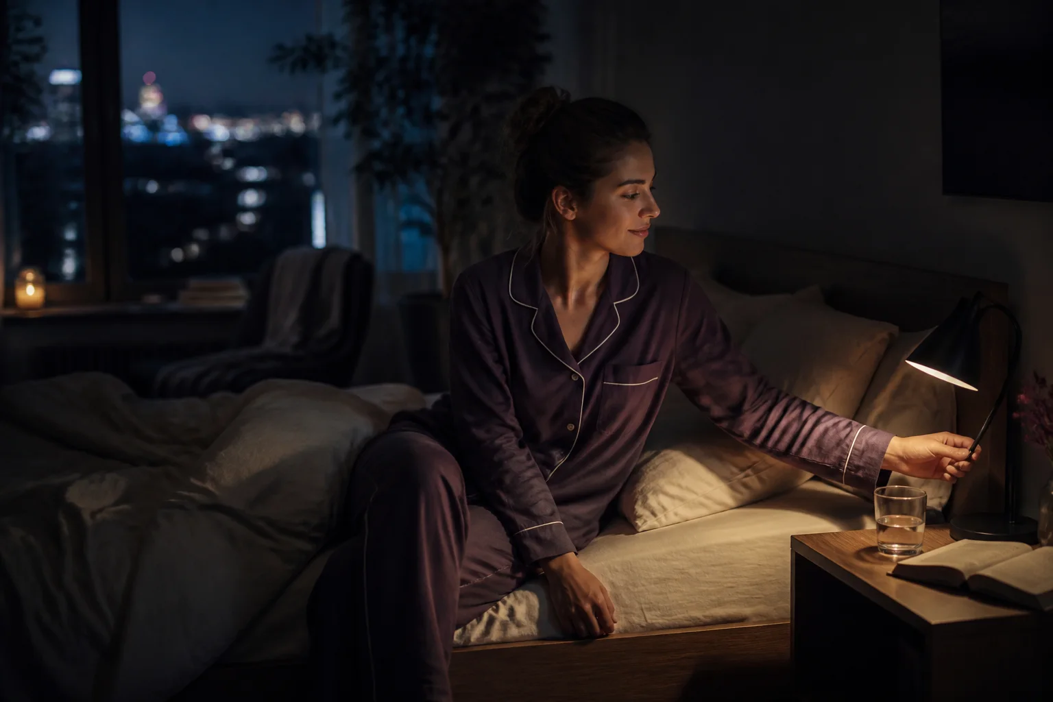 Volwassene doet een bedlamp uit tijdens een rustige avondroutine